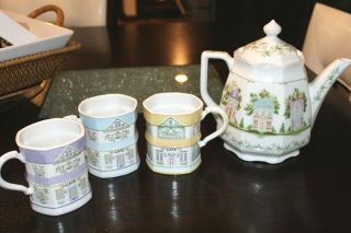 1992 Lenox Village Fine Porcelain Coffee Pot & 3 Cups Mugs Victorian Near