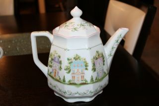 1992 Lenox Village Fine Porcelain Coffee Pot & 3 Cups Mugs Victorian NEAR 3