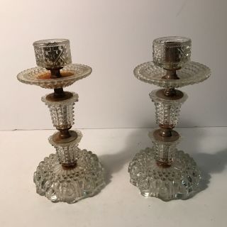 Antique Pair Clear Candlewick Glass Art Deco Bedroom Table Lamps Candle Holders