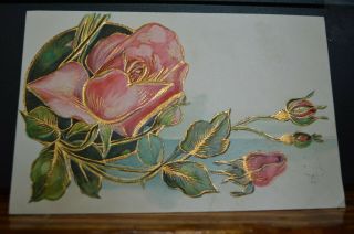 Pink Rose & Rosebuds In Extreme Art Nouveau Styling C 1910 Embossed Postcard