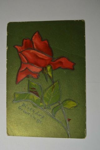 Unusually Styled Art Nouveau Red Rose In 1920 Birthday Greetings Postcard