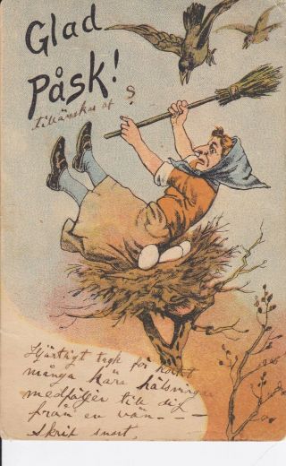 Old Vintage Postcard Easter Witch In Bird 