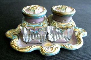 Victorian Brass & Glass Double Ink Well & Brass Holder W/ Cherubs Hand Painted
