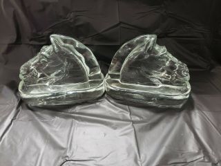 Antique A.  H.  Heisey & Co.  Glass Horse Heads Bookends Equestrian C - 1938 7” 8lbs