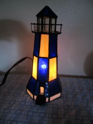 Vintage 9  Tiffany Style Stained Glass Lighthouse Accent Table Lamp Night Light