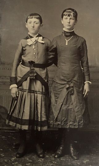 Antique American Two Young School Girls Sisters Standing Tintype Photo