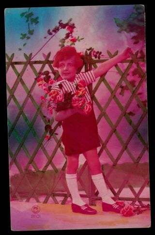 Deco Photo Postcard 1920s Girl Flapper Mini Skirt Flower Rose