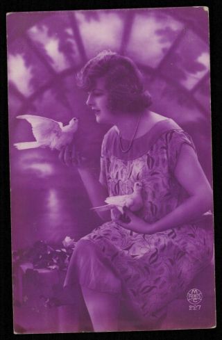 Deco Photo Postcard 1920s Lady Girl Flapper Dove Pigeon Pearls