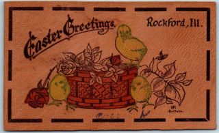 Rockford Illinois Leather Postcard " Easter Greetings " Artist - Signed 1900s