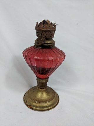 Molded Pressed Red Glass Mini Small Oil Lamp With Metal Base No Chimney