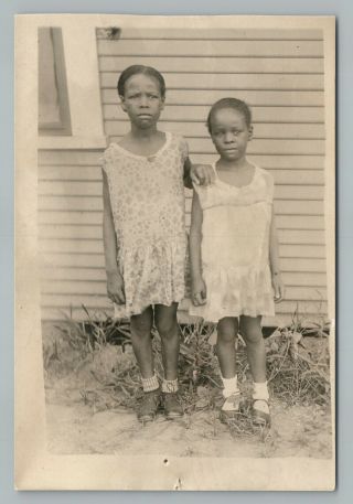 Cute Little Sister Girls—black Americana Rppc Antique Dress Photo (trimmed) 30s