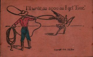 Cowboy Lassos Cupid Vintage Leather Postcard