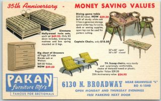 1940s Chicago Adv.  Postcard Pakan Furniture 6130 N.  Broadway Curteich Linen
