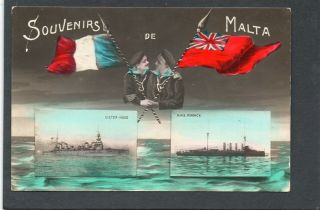 Malta Postcard,  Naval Ship.  Hms Victor & Defence,  Patriotic Flags,  Rp C1925