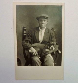 Antique Real Photo Postcard Portrait Of Man Sitting With Bull Terrier Dog Rppc