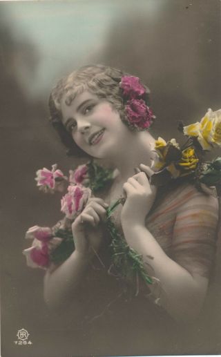 Young Woman Holding Flowers Hand Colored Real Photo Postcard Rppc