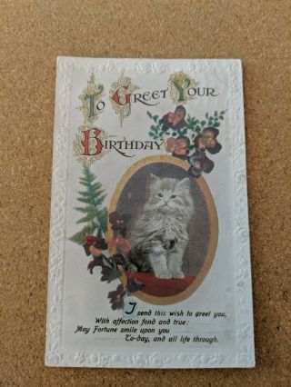 Cat Vintage Postcard.  Birthday.  Gray Kitten.  Violets.  British.  Pm1919.