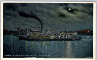 St.  Louis Missouri Postcard " Steamer On Mississippi River At Night " 1923 Cancel