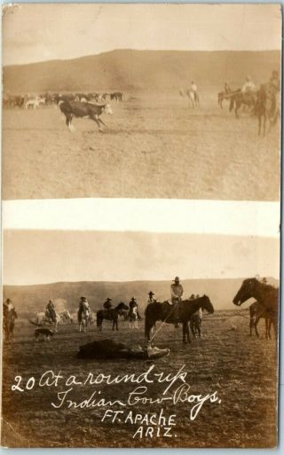 1910 Fort Apache,  Arizona Rppc Photo Postcard " At A Round - Up - Indian Cowboys "
