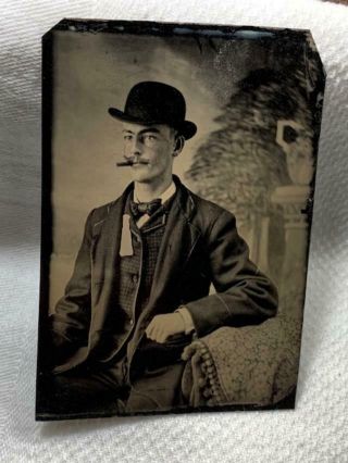 Antique 1800s Tintype Photo Man Wearing Bowler Hat Smoking Cigar Smoker