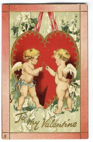 Cupid Valentine Raphael Tuck Postcard 1909 Wishbone Wishing On Big Red Heart
