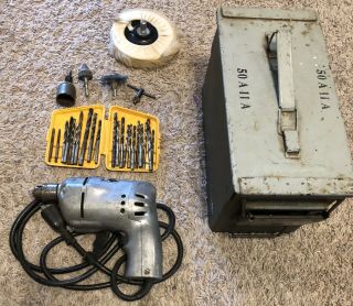 Vintage Black & Decker U3 U 3 Drill With Bits And Accessories In Old Ammo Can