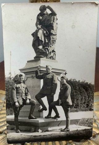 Antique Rppc Real Photo Postcard Ww1 Soldier Men Uniform Military France Statue