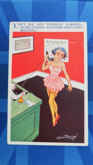 Risque Comic Postcard 1939 Boobs Nylons Stockings Garter Underwear Telephone
