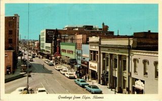 Elgin Illinois Downtown Grove Street Scene Stores Old Cars Vintage Postcard