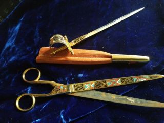 Antique Brass Desk Set - Scissors & Letter Opener With Sheath Sword Leather