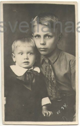 Jun 1934 Two Brothers Little Boy Child Family Handsome Guy Russian Vintage Photo