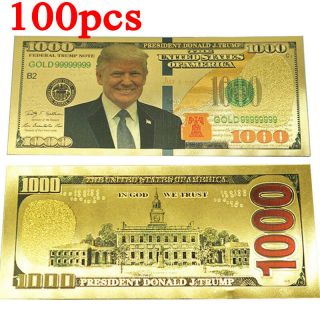 100pc President Donald Trump Colorized $1000 Dollar Bill Gold Foil Banknote