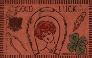 Lady With Good Luck Emblems Vintage Leather Postcard