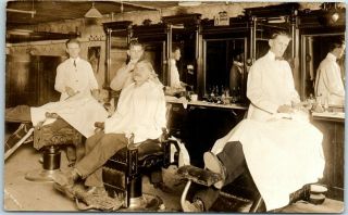 1914 Cedar Rapids,  Iowa Rppc Real Photo Postcard Barber Shop Interior W/ Cancel