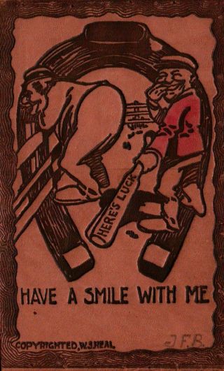 Good Luck Horseshoe / Bat Vintage Leather Postcard