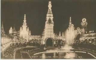 Luna Park At Night,  Coney Island,  Brooklyn York Postcard Early 1900s Era