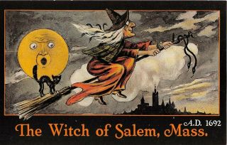 C.  1970? Salem Witch On Broom With Black Cat & Full Moon Post Card Halloween