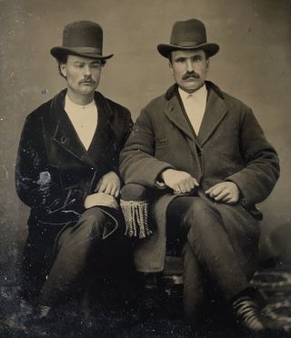 Antique American Two Gentleman Seated Big Hats Tintype Photo