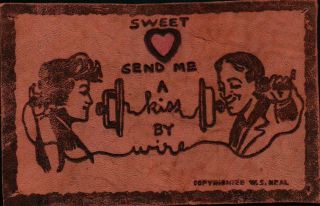 Send Me A Kiss By Wire,  Telephone Couple Vintage Leather Postcard