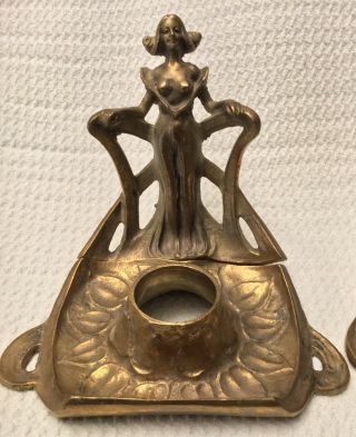 Vintage Solid Brass Inkwell Art Deco / Nouveau Bare Breasts Lady Sculpture