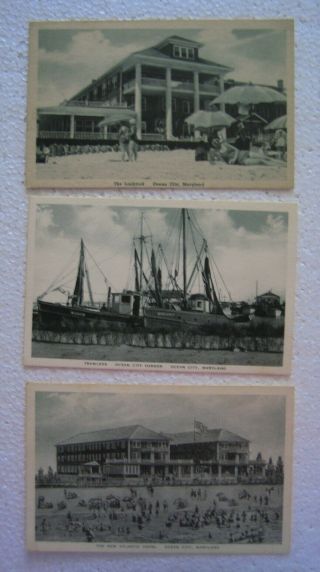 3 Vintage Ocean City Md Postcards Lankford Atlantic Hotel Harbor Trawlers