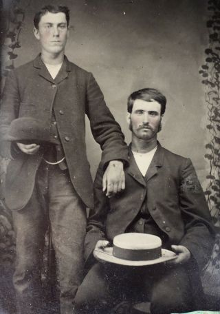 Antique American Two Handsome Young Men Tinted Cheeks Straw Hat Tintype Photo