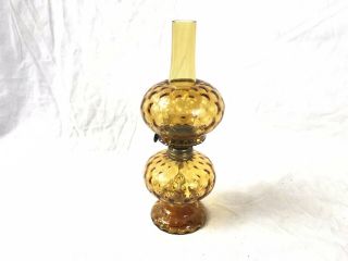 Antique Small Amber Glass Oil Lamp W/ Chimney & Shade