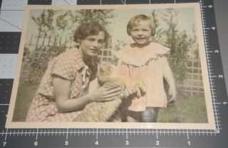 Calico Cat Looks @ Little Girl & Woman Mom Pet Kitten Color Tinted Vintage Photo