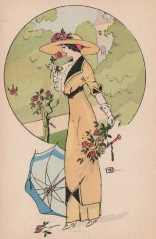A/s Giovanni ? Art Deco Lady W/ Roses Umbrella Paris Vint.  Postcard