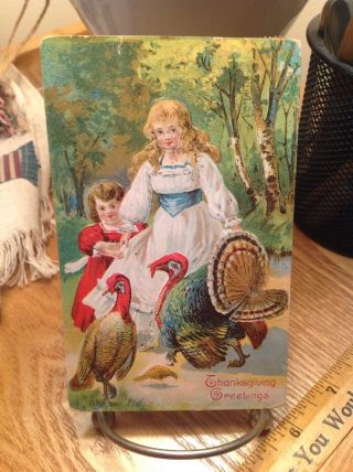Vintage Thanksgiving Postcard Shy Girl In Red,  Girl In White Looking At 2turkeys