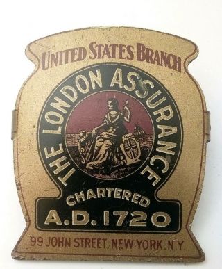 Antique Brass Advertising Metal Paper Clip,  The London Assurance Chartered,  Ny