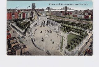 Antique Postcard York City Manhattan Bridge Approach Birds Eye View Horse Bu