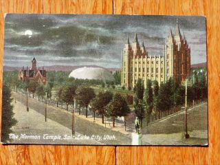 Vintage Postcard Moonlight On Mormon Temple,  Salt Lake City Utah 1915