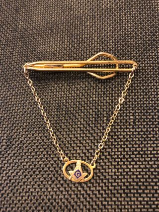 Rare Vtg Mens Masonic Tie Clip With 10k Solid Gold Signet & Chain & Rgp Bar